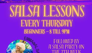 Salsa Lessons Every Thursday from 8-9pm at founders and co. Written in yellow on a purple background