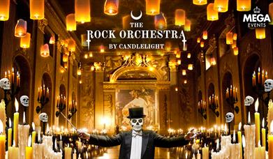 A skeleton surrounded by candles