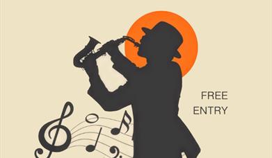 Jazz Nights at Altitude 28. Free Entry. All written in a dark grey on top of a cream background with a silhouette of a man playing a saxophone in the
