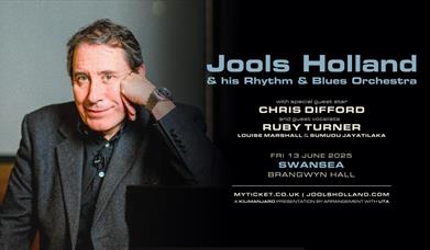 Jools Holland photographed on the left with Jools Holland and His Rhythm and Blues Orchestra written in blue on the left