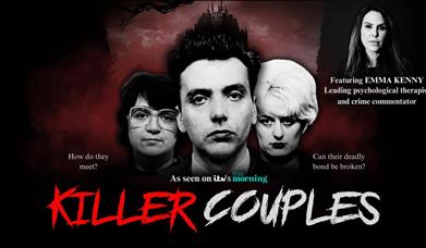 Killer Couples written in red and white writing. Features images of notable serial killers and Emma Kenny