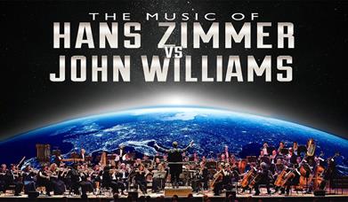 The Music of Hans Zimmer vs John Williams written in silver writing above a live orchestra playing music with the earth behind them.