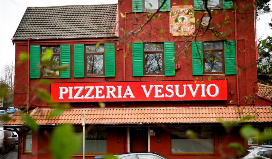 Pizzeria Vesuvio exterior with entrance sign