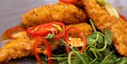 A dish of breaded chicken with a salad garnish