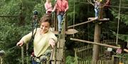 A group of people walking across a rope bridge